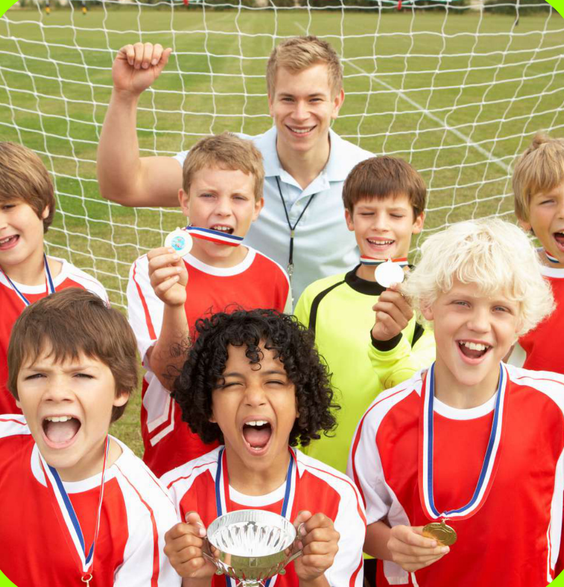 Kids celebrating with medals and trophy